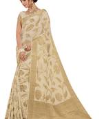 Cream Woven Chiffon Saree With Blouse