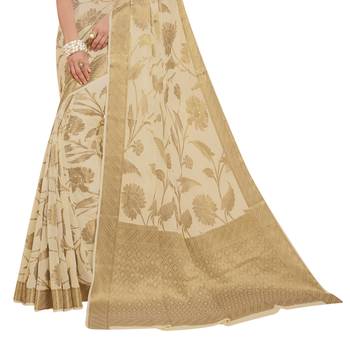 Cream Woven Chiffon Saree With Blouse 2