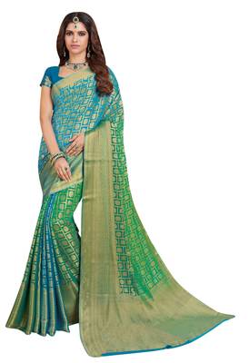 Green Woven Chiffon Saree With Blouse 1