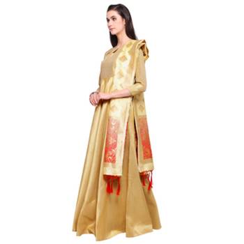 Gold Marubeni Silk Semi-Stitched Gown With Banarasi Silk Woven Stole 2