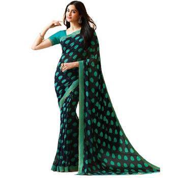 Blue Printed Georgette Saree With Blouse 1