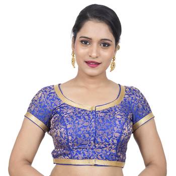 Designer Royal Blue Brocade Padded Readymade Saree Blouse 1