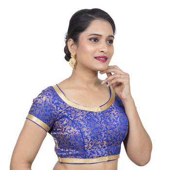 Designer Royal Blue Brocade Padded Readymade Saree Blouse 2