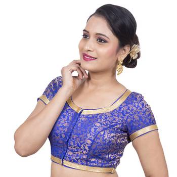 Designer Royal Blue Brocade Padded Readymade Saree Blouse 3
