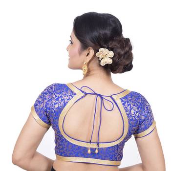 Designer Royal Blue Brocade Padded Readymade Saree Blouse 4