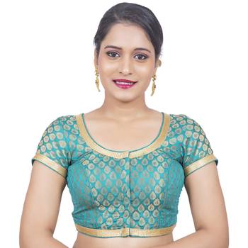 Brocade Rama Green Short Sleeve Padded Readymade Saree Blouse 1