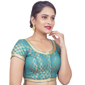 Brocade Rama Green Short Sleeve Padded Readymade Saree Blouse 2