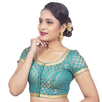 Brocade Rama Green Short Sleeve Padded Readymade Saree Blouse 3