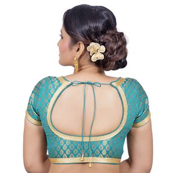 Brocade Rama Green Short Sleeve Padded Readymade Saree Blouse 4