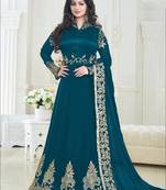 Peacock green poly georgette heavy embroidery semi stitched anarkali suit with dupatta