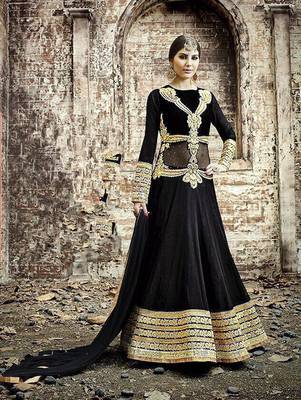 Designer black and golden embroidered georgette semi stitched wedding wear fancy anarkali suit 1