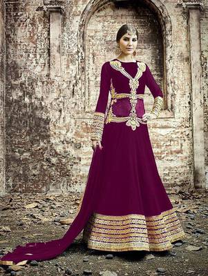 Designer magenta and golden embroidered georgette semi stitched wedding wear fancy anarkali suit 1