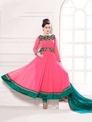 Brightpink and seagreen party wear georgette semi stitched anarkali suit 1