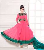 Brightpink and seagreen party wear georgette semi stitched anarkali suit