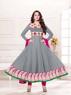 Gray and magenta party wear georgette semi stitched anarkali suit 1