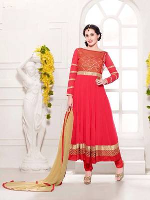 Red party wear georgette semi stitched anarkali suit 1