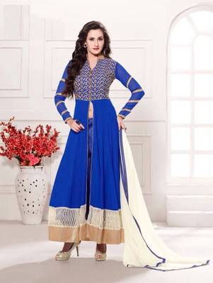 Blue and white  party wear georgette semi stitched anarkali suit 1