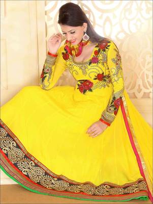 Yellow designer georgette semi stitched anarkali suit 1