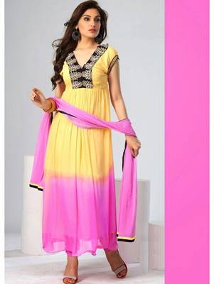 Yellow and pink casual chiffon semi stitched anarkali suit 1