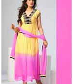 Yellow and pink casual chiffon semi stitched anarkali suit