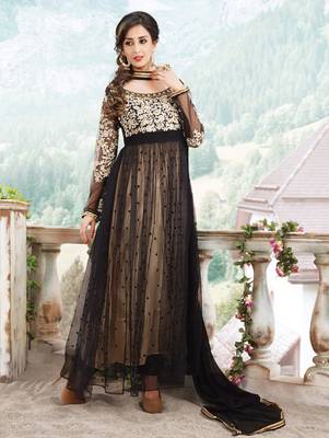 Beige  and  black designer georgette semi stitched anarkali suit 1