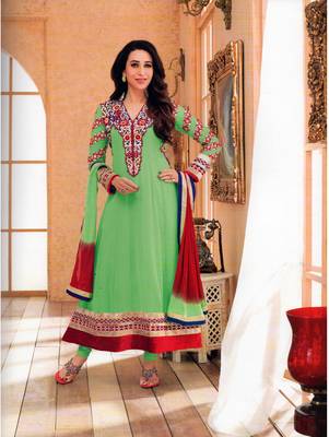 Light green  and  red designer georgette semi stitched anarkali suit 1