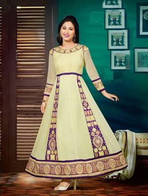 Ivory  and  purple designer georgette semi stitched anarkali suit 1