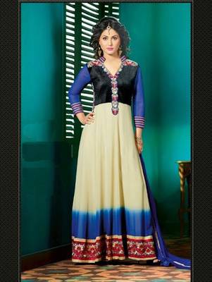 Ivory and blue designer georgette semi stitched anarkali suit 1