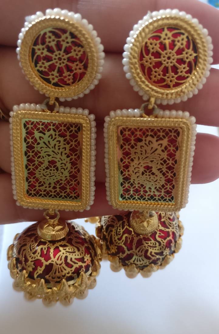 Long red and gold thewa earrings Jaipur Handicrafts Fashions