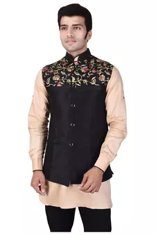 Black Raw Silk Banarasi Modi Jacket