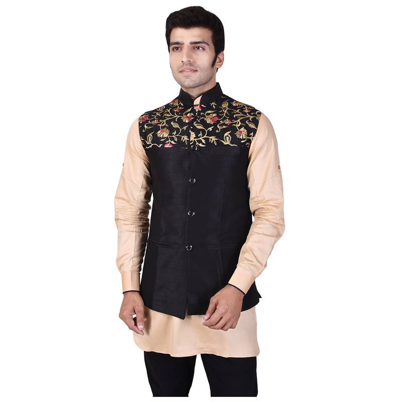 Black Raw Silk Banarasi Modi Jacket