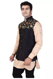 Black Raw Silk Banarasi Modi Jacket