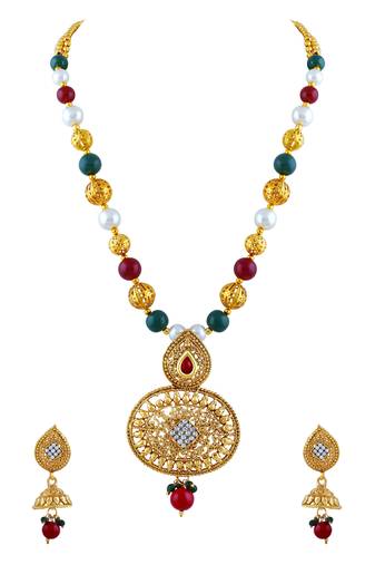 Exquisite White Stone Gold Plated Matinee Style Necklace Set For Women