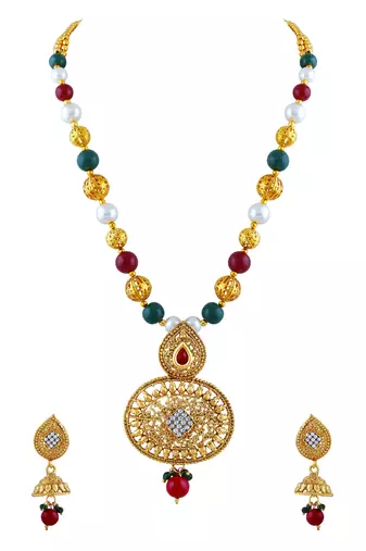 Exquisite White Stone Gold Plated Matinee Style Necklace Set For Women