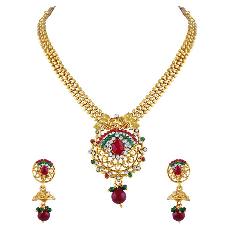 Divine White Stone Gold Plated Matinee Style Necklace Set For Women - White Stone Pendant Set Divine White Stone Gold Plated Matinee Style Necklace Set For Women - White Stone Pendant Set