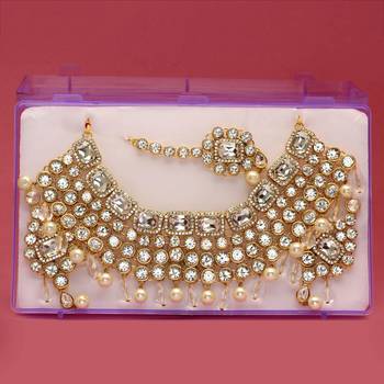 White Color Imitation Pearl Kundan Necklace With Earring & Maang Tikka 3