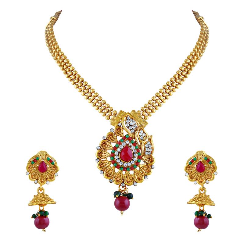 Designer White Stone Gold Plated Matinee Style Necklace Set For Women