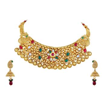 Traditional Multy Color Gold Plated Choker Style Necklace Set For Women 1