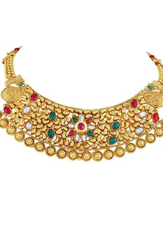 Traditional Multy Color Gold Plated Choker Style Necklace Set For Women