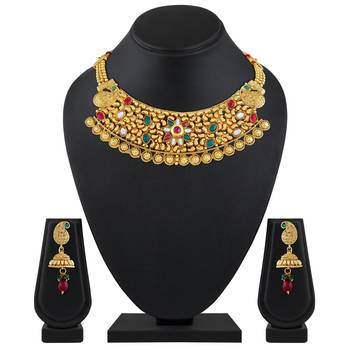 Traditional Multy Color Gold Plated Choker Style Necklace Set For Women 2
