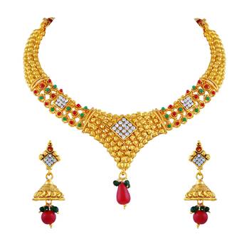 Traditional Multy Color Gold Plated Choker Style Necklace Set For Women 1