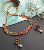 Square Shape Traditional Gold Plated Choker Style Necklace Set For Women