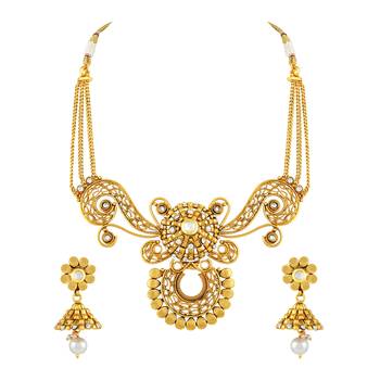 Dazzling Filigiree Design Gold Plated Choker Style Necklace Set For Women 1