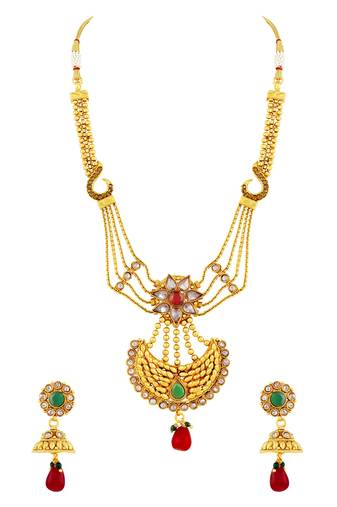Excellent Flower Design With Chandabali Shape Gold Plated Princess Style Necklace Set For Women