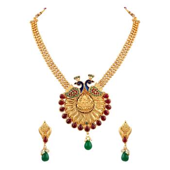 Wavy 3 String Peacock Design With Meenakari Work Gold Plated Matinee Style Necklace Set For Women 1
