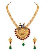 Wavy 3 String Peacock Design With Meenakari Work Gold Plated Matinee Style Necklace Set For Women