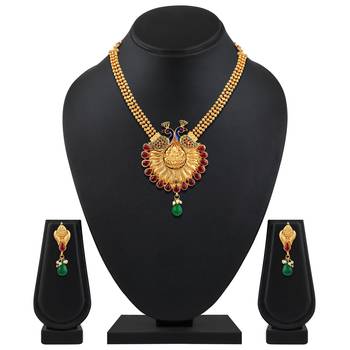 Wavy 3 String Peacock Design With Meenakari Work Gold Plated Matinee Style Necklace Set For Women 2