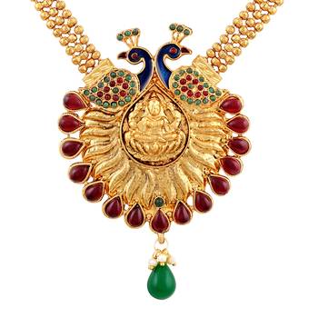 Wavy 3 String Peacock Design With Meenakari Work Gold Plated Matinee Style Necklace Set For Women 3