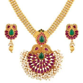 Ethnic 3 String Gold Plated Matinee Style Necklace Set For Women 1