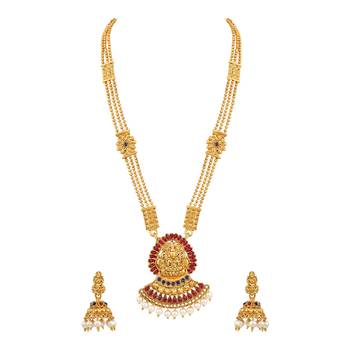 Royal 3 String Laxmi Pendent Temple Gold Plated Matinee Style Necklace Set For Women 1